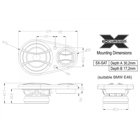 Excursion SHX-5.3C dB  3-drożny zestaw głośnikowy: 4 woofery 130mm, średnio-wysokotonowa sekcja SX-SAT, 6 zwrotnic - 1.5ohm, 150/300W, 94dB, 45-20000H